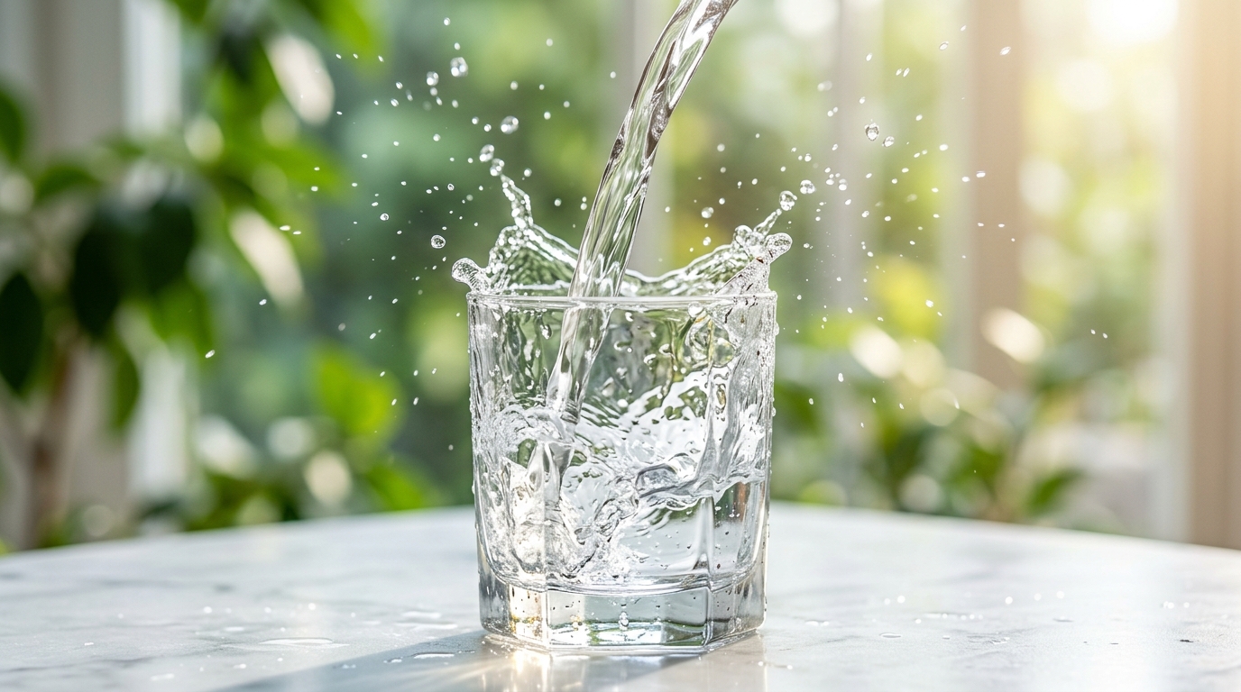 Crystal clear water pouring into a clean glass